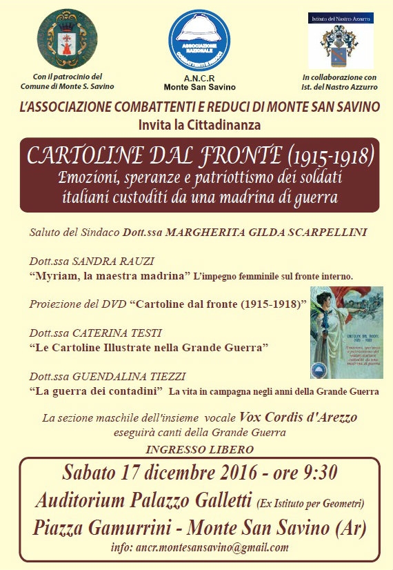 'Cartoline dal fronte', nuova iniziativa dell'Associazione Combattenti e Reduci a Monte San Savino nel ricordo di Maria Pomaranzi