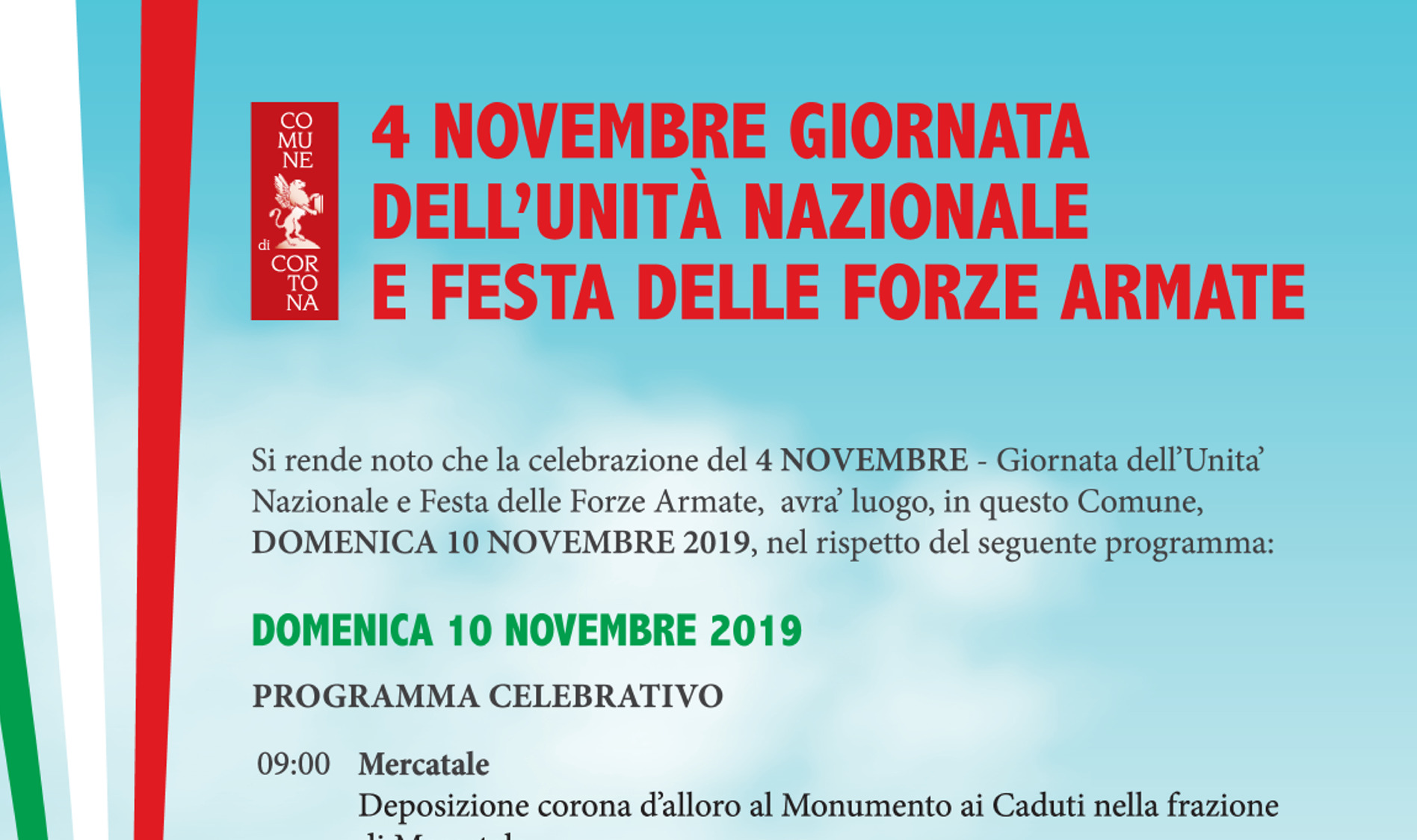 Il programma della Giornata dell’Unità Nazionale e delle Forze Armate a Cortona, il 10 novembre 2019